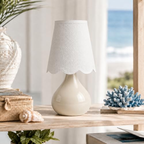 12" Beige Ceramic Table Lamp, Small Plug-in Bedside Lamp with Linen Shade, E26 Socket, 6FT Cord & Rocker Switch, Coastal Accent Lamp for Bedroom Nightstand, Living Room, Dorm