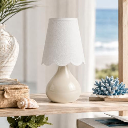 12" Beige Ceramic Table Lamp, Small Plug-in Bedside Lamp with Linen Shade, E26 Socket, 6FT Cord & Rocker Switch, Coastal Accent Lamp for Bedroom Nightstand, Living Room, Dorm