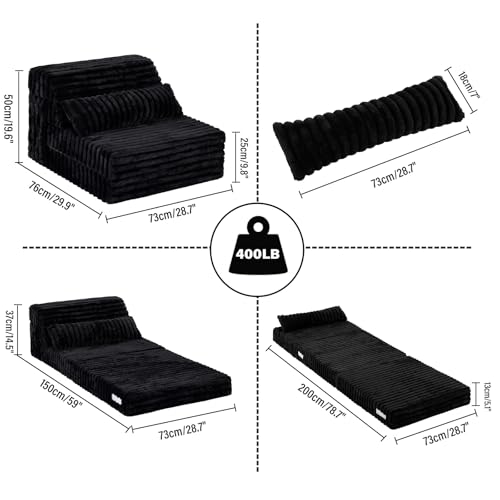 Folding Sofa Bed Convertible Sleeper Chair Mattress with Pillow & Side Pocket, Thick Corduroy Floor Mattress Couch Bed, Single Size, Black - color: Corduroy Black, size: Single Size