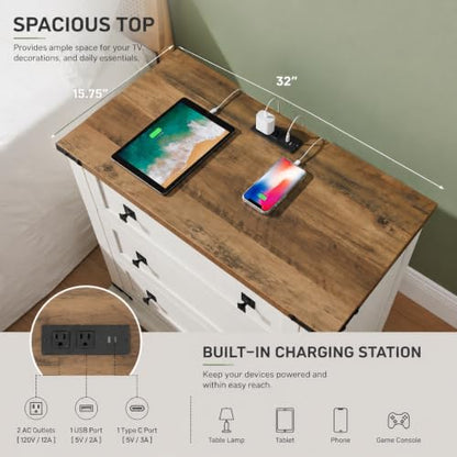 T4TREAM 32" Farmhouse 3 Drawer Dressers, Large End Table w/Charging Station | Rustic Wood Bedside Table for Bedroom, Living Room, Hallway, Antique White - color: Antique White, size: 15.8"D x 32"W x 32"H (3 Drawers)