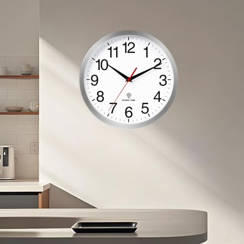 Wall Clock Analog 12 Inch Atomic Battery Operated Silent Clock | Silver, Easy To Read, Non Ticking, Round, Accurate, Kitchen, Living Room, Classroom, Office, School - color: Atomic_silver, size: 12 Inch