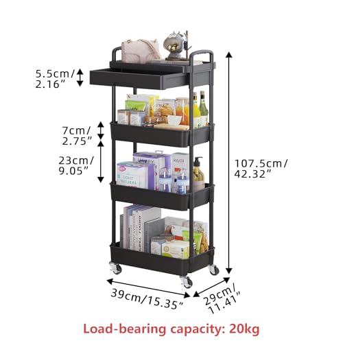 Calmootey 4-Tier Rolling Utility Cart with Drawer,Multifunctional Storage Organizer with Plastic Shelf & Metal Wheel,Storage Cart for Kitchen,Bathroom,Living Room,Office,Black | Space-Saving Organizer, Sturdy Plastic Shelves, Smooth-Rolling Metal Wheels,