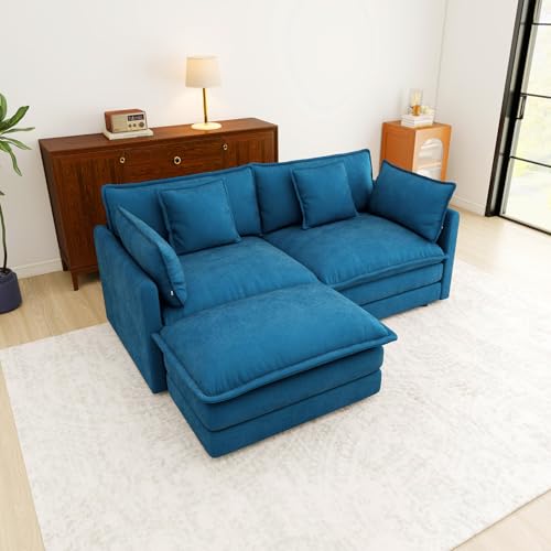 76.7” Oversized Blue Loveseat Sofa, 2 Seater Large Sectional Couches for Living Room, Chenille Fabric Modular Sectional Sofa with 1 Ottoman, Deep Seat Home Sofas Set, Love Seat Couches - color: Blue, size: 2 Seater + 1 Ottoman