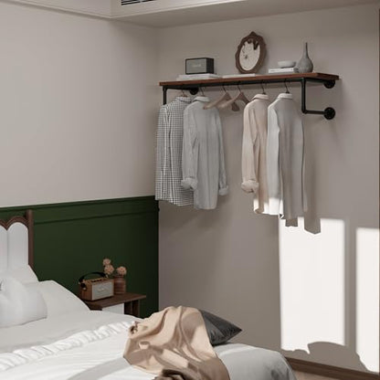 Clothes Rack 42in, Wall Mounted Garment Racks with Real Brown Wood Shelf, Heavy Duty Hanging Clothes Rack, Multi-Purpose Hanging Rod, Space-Saving Closet Storage - color: Brown, size: 1T42IN