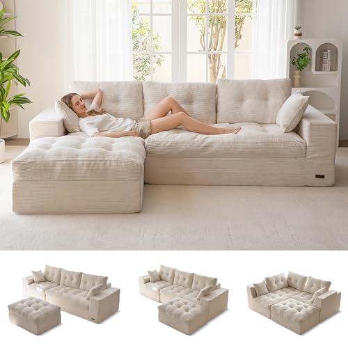 MAXYOYO Boneless Couch, 104-Inch L-Shaped Cloud Couch with Ottoman | Beige Upholstered Sofa Features Layered Cushions and Flexible Modules with No Assembly, Ideal for Modern Living Rooms. - color: Beige, size: 104" L Shape