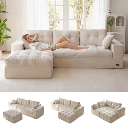 MAXYOYO Boneless Couch, 104-Inch L-Shaped Cloud Couch with Ottoman | Beige Upholstered Sofa Features Layered Cushions and Flexible Modules with No Assembly, Ideal for Modern Living Rooms. - color: Beige, size: 104" L Shape