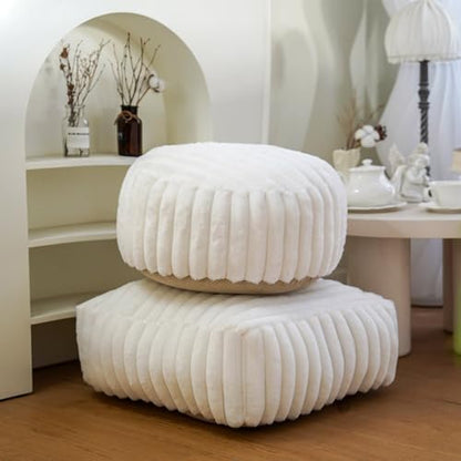 Round Unstuffed Pouf Ottoman Cover Soft Footstool, White | Cover Only, 20x20x8 In, Soft Short Plush, Ribbed Texture, Modern Style, Living Room, Bedroom, Reading Nook - color: White