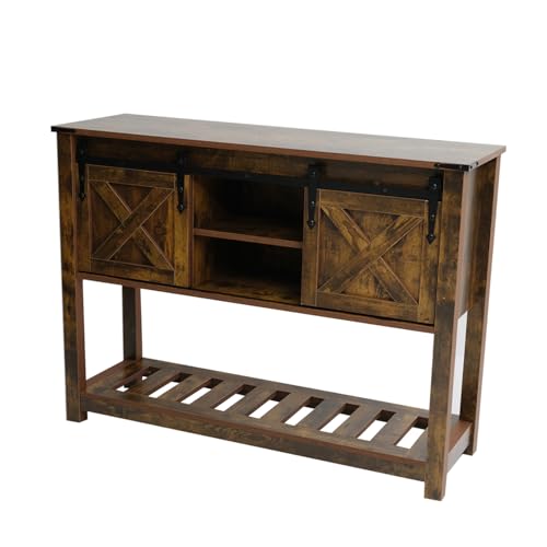 Farmhouse Entryway Table with Sliding Barn Doors, Wood Console Table with Storage Shelf, Rustic Sofa Table for Living Room, Entryway, Foyer, Brown - color: Brown