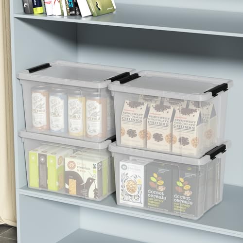 Set of 4 Storage Bins with Wheels, 23 L Clear Latch Boxes with Lids | Clear thick plastic, black side latch lid, built-in bottom rolling wheels, fit closet, bedroom and garage organization - size: 23 L