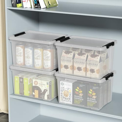 Set of 4 Storage Bins with Wheels, 23 L Clear Latch Boxes with Lids | Clear thick plastic, black side latch lid, built-in bottom rolling wheels, fit closet, bedroom and garage organization - size: 23 L