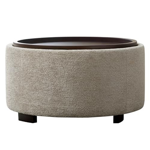 Zihanhome 30 Inch Round Storage Ottoman, Ottoman Coffee Table with Lift Off Lid, Boucle Modern Ottomans with Storage for Living Room, Bedroom, Apartments (Light Brown Striped) - color: Light Brown Striped