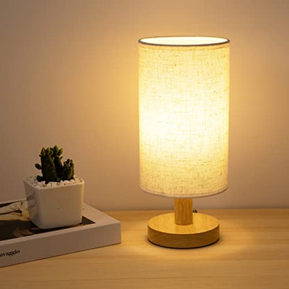 Small Bedside Table Lamp for Bedroom, Minimalist Wood Base & Round Fabric Shade, Mini Cute Cozy Warm White Nightstand Boho Lamp, Study Desk Night Stand Light for Room, Dorm, Nursery, Living Room - size: Cylinder - Set of 1