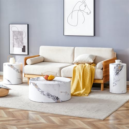 Round Coffee Tables Set for 3, Living Room Table and End Tables, White Faux Marble Coffee Table and Side Table, Center Tables Set, No Assembly Required - Ready to Use - color: 24'' Marble White, size: 24'' Coffee Table Set of 3