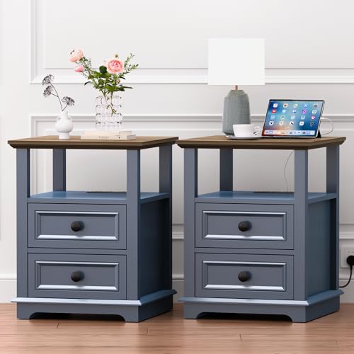 18" Wide End Table with Fast Charging Station Set of 2, 18” Wide Sofa Side Table with Drawers,End Table with Drawers for Living Room,Blue - color: Dark Blue, size: 1 Set