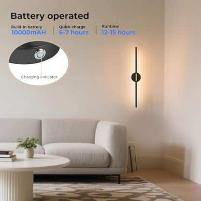 Rechargeable Wall Light 28.3" Detachable 360°Rotation with Remote Set of 2 | Battery Operated Wall Sconces 3000-6500K LED Wall Lamp for Bedroom Hallway 10000mAh Black Gold - color: Black-Round Base, size: 2 Pack