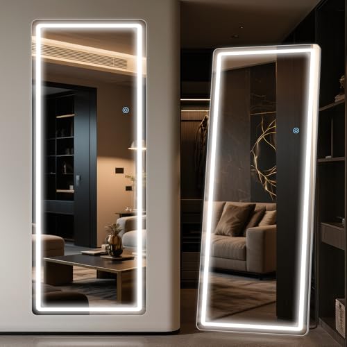 Antok LED Full Length Mirror with Light, 56"x20" Lighted Full Body Mirror with Stand, Dimmable & 3 Color Lighting Standing/Leaning/Wall Mounted Vanity Mirror for Bedroom Cloakroom Livingroom(Rect) - size: 56"L x 20"W, style: Rect Style