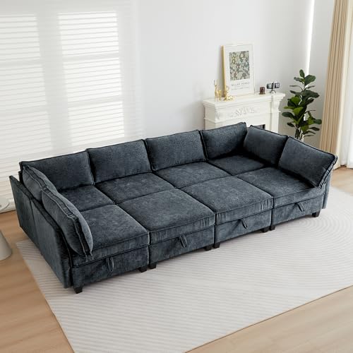 Sectional Couch with Storage, Modular Sectional 4 Seater Couch with 4 Ottomans for Home Living Room, Lounge Modular Sofa Convertible for Bedroom, Office - color: Navy Blue, size: 4 Seater+4 Ottomans