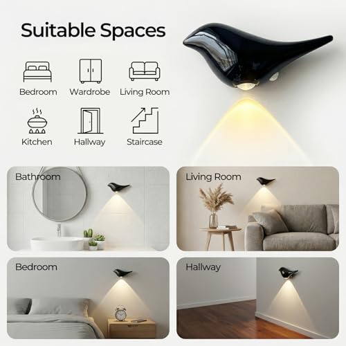 2-Pack Obsidian Bird Wall Light, Cordless Motion Sensor Night Light | Rechargeable magnetic bird sconce with soft 3-color glow for hallway, bedroom, stairs and nursery - color: Obsidian