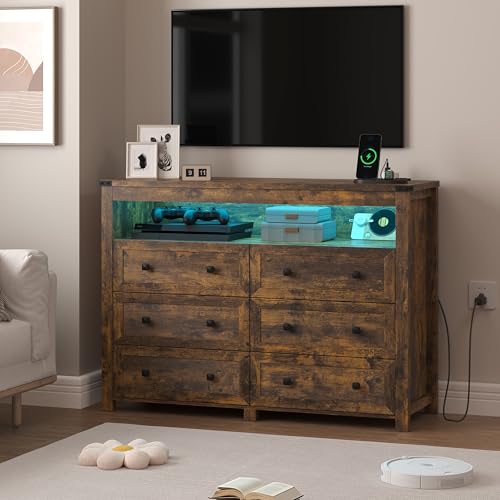 Brown Dresser 6 Drawer Dressers for Bedroom with LED Lights, Charging Station, Wood Chest of Drawers with Metal Handles, Modern TV Stand Storage Cabinet for Living Room, Hallway, Entryway - color: Brown, style: LED 6 Drawers