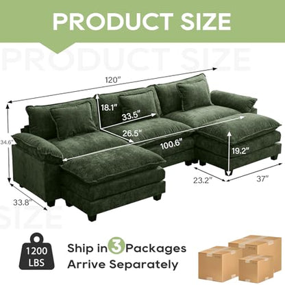 120" Modular Sectional Sofa, Comfy Deep Cloud Couch with Ottoman | U-Shaped Couches for Living Room, Modular Couch, Deep and Wide Seat, Chenille Sofa Sleeper with Throw Pillows, Green - color: Green, size: 120 Inch U