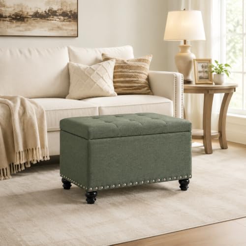 Ottoman with Storage, Fabric Ottoman Foot Rest 24" Rectangle Tufted Foot Stools Ottomans with Hinged Lid Upholstered Button Ottomans for Bedroom Living Room Entryway, Green - color: Green