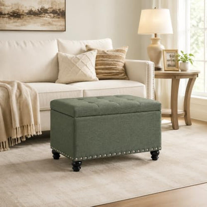 Ottoman with Storage, Fabric Ottoman Foot Rest 24" Rectangle Tufted Foot Stools Ottomans with Hinged Lid Upholstered Button Ottomans for Bedroom Living Room Entryway, Green - color: Green