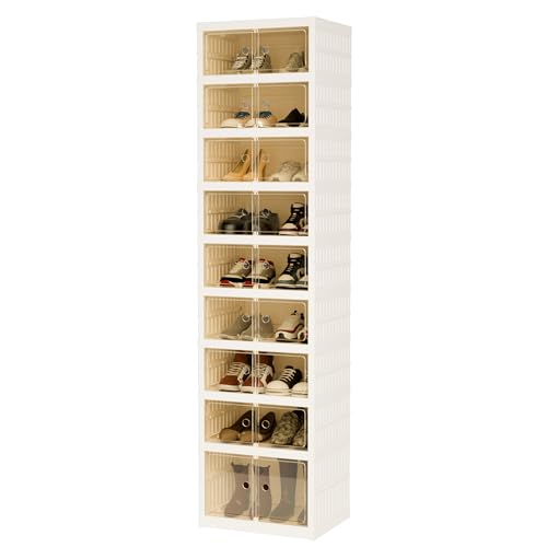 Foldable Shoe Organizer Storage Box, Portable Extra Large Folding Shoe Rack for Closet, Shoe Storage Box with Magnetic Transparent Door and Wheels, 9 Layers 18 Grids with 2 Big Grids - size: White 9 Layers-B