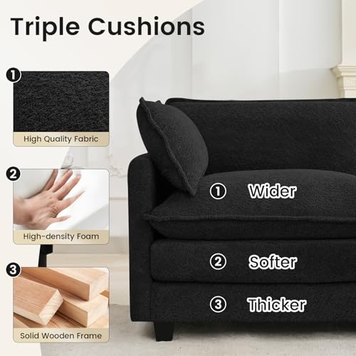 ROWHY Oversized Modular Sectional Couch with Movable Ottoman, 112" Modern Convertible L Shaped Sofa Set, 4 Seat Comfy Cloud Couch with 2 Throw Pillows, for Living Room and Office, Chenille, Black - color: Chenille Black, size: 4 Seats L-Shaped