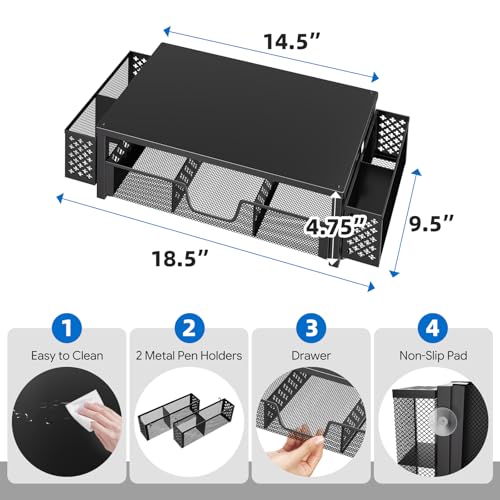 Simple Trending Desk Organizer, Computer Monitor Stand Riser, Black | Metal Laptop & Printer Stand, Desktop Organizer with Drawer & 2 Pen Holders, Anti-Slip Pads, 18.5"W x 9.5"D x 4.75"H - size: 18.5"W x 9.5"D x 4.75"H