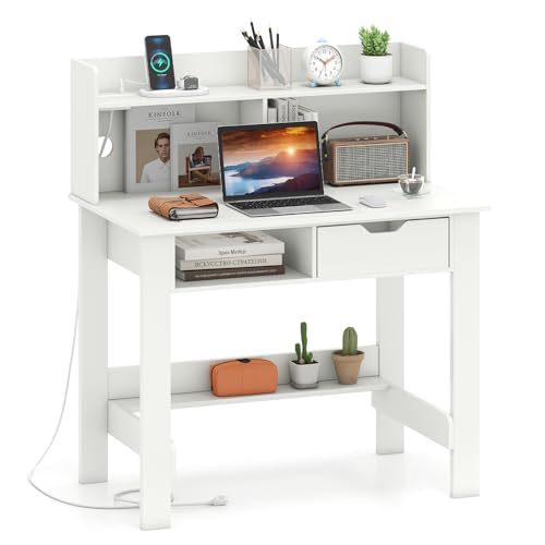 GIANTEX White Computer Desk with Hutch, Home Office Desk with Power Outlets, USB Ports, Type-C, Storage Shelf & Drawer, Modern Laptop PC Table Computer Workstation, Study Writing Desk for Bedroom