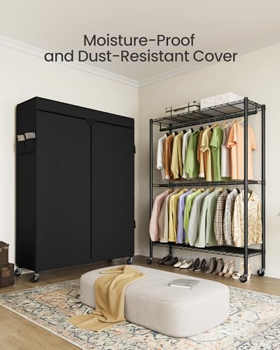 SONGMICS Heavy-Duty Rolling Clothes Rack, Garment Rack, Portable Closet on Wheels, with Adjustable Mesh Shelves and Hanging Rails, Fabric Cover, 15.8 x 43.3 x 78.3 Inches, Ink Black ULGR419BH01 - size: 43.3"W-With Fabric Cover