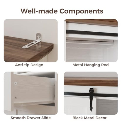 IRONCK Armoire Wardrobe Closet with 4 Drawers, Sliding Barn Doors, White | 71" Wardrobe Cabinet, Tall Clothing Storage Cabinet with Hanging Rod and Shelves for Bedroom - color: White