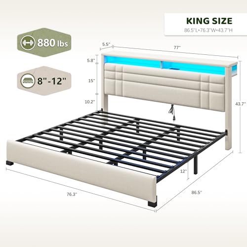 EnHomee King Upholstered Bed Frame with Charge Station & LED Lights, Beige | 2-Tier Shelves Headboard, 12" Under-Bed Storage Space, Noise-Free, No Box Spring Needed, Easy Assembly - color: Beige, size: King (U.S. Standard)