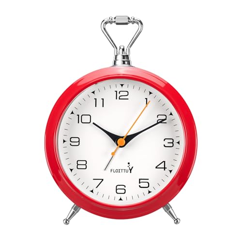 FLOITTUY 4.5" Battery Operated Antique Retro Analog Metal Alarm Clock, Silent Bedside Desk Clock, Wall-Hanging Vintage Clock(Cherry Red) - color: Cherry Red