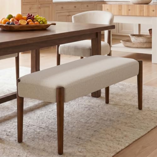 Usaint 42" End of Bed Bench with Wood Legs, Beige with Walnut Leg | Modern Upholstered Bedroom Bench with Rubberwood Legs, Entryway Bench with Cushion, Dining Bench for Living Room, Bedroom - color: Beige With Walnut Leg