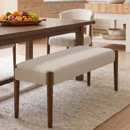 Usaint 42" End of Bed Bench with Wood Legs, Beige with Walnut Leg | Modern Upholstered Bedroom Bench with Rubberwood Legs, Entryway Bench with Cushion, Dining Bench for Living Room, Bedroom - color: Beige With Walnut Leg