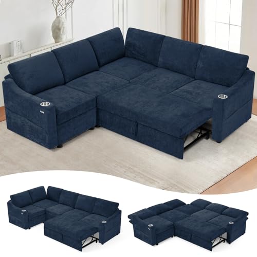 84" L-Shape Sectional Sofa Bed w/Adjustable Backrests, Blue | Chenille Upholstered Pull Out Sofa Bed w/USB Ports, Convertible Corner Sleeper Couch w/Storage Space for Living Room, - color: Blue, style: L-Shape