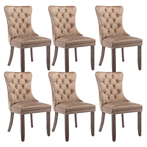 Virabit Velvet Dining Chairs Set - Tufted Upholstered Chairs with Nailhead Back and Ring Pull Trim, Solid Wood for Kitchen/Bedroom/Dining Room (Khaki) - color: Khaki, size: set of 6
