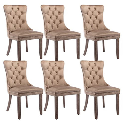 Virabit Velvet Dining Chairs Set - Tufted Upholstered Chairs with Nailhead Back and Ring Pull Trim, Solid Wood for Kitchen/Bedroom/Dining Room (Khaki) - color: Khaki, size: set of 6