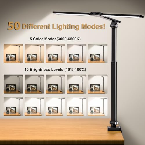 LED Desk Lamp for Office Home, Architect Desk Light with Clamp, Black | Height Adjustable Eye Caring Stepless Dimming Desk Lamp for Reading, Study, Workbench, 50 Lighting Models