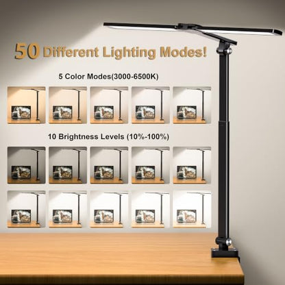 LED Desk Lamp for Office Home, Architect Desk Light with Clamp, Black | Height Adjustable Eye Caring Stepless Dimming Desk Lamp for Reading, Study, Workbench, 50 Lighting Models