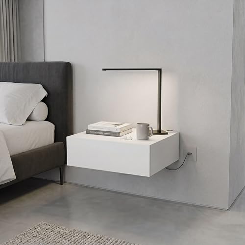 FM FURNITURE Milano Floating Nightstand with Drawer & Open Shelf, Wall Mounted Bedside Table for Bedroom Storage, Modern Minimalist Night Stand, White - color: White