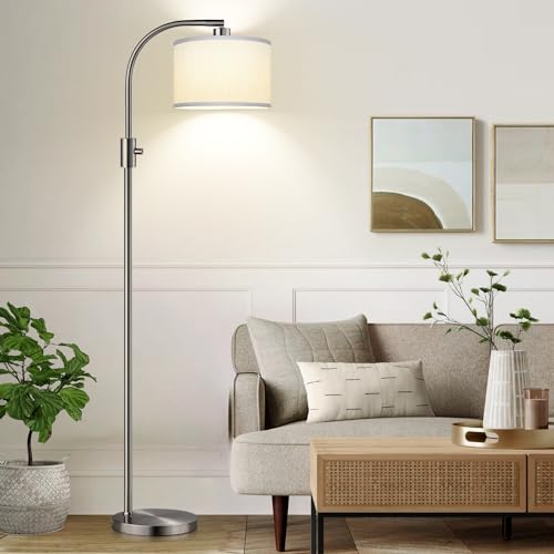 Nintiue Upgraded Modern Arc Dimmable Tall Standing Floor Lamp with Linen Shade, 1200 Lumens LED Bulb Included, for Living & Reading Room, Bedroom, Office & Nursery, Brushed Nickel - color: Brushed Nickel-White Shade