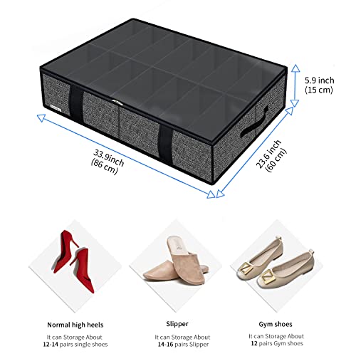 Onlyeasy 2 Pack Under Bed Shoe Storage Organizers with Handles & Clear window (Fit 14 +14 Pairs), Sturdy Underbed Box Organizer Shoe Storage Bags for Kids & Adults, Linen-like Black, MXAUBS14S14 - color: 2 Shoes (14+14 Cells) Linen-like Black