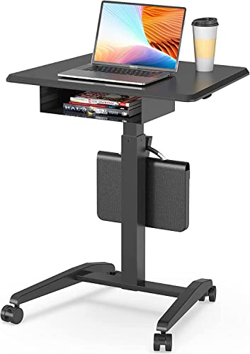 JOY worker Rolling Laptop Desk with Drawer, 28" Black Mobile Standing Desk | Pneumatic Height Adjustable, Open Storage Shelf, 4 Rolling Wheels, Portable Sit Stand Desk, Home Office School, Holds 22lbs - color: Black, size: 27.5 Inch