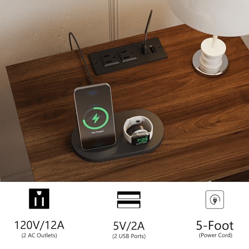 Rattan Nightstand with Charging Station,Farmhouse Bedside Table with 2 Storage Drawer and Open Wood Shelf, for Bedroom and Small Spaces,Night Stand with Solid Wood Legs (Walnut Brown-Outlet) - color: Walnut Brown-outlet