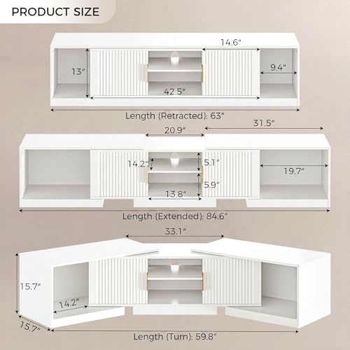IRONCK TV Stand for 55-80 Inches TVs, 63"-84.6" Adjustable Length, Extendable Corner Entertainment Center with Storage Cabinets, Fluted Doors Modern Media Console, Ideal for Living Room, White