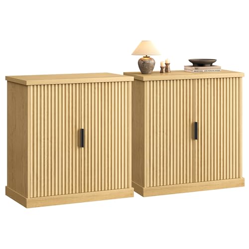 VASAGLE MAXE Collection - Buffet Cabinet Set of 2, Fluted Console Cabinet, Sideboard with Adjustable Shelf, Mid Century Modern Buffet Table, 15.8 x 29.9 x 31.5 Inches, Oak Beige UZH2505001 - color: Oak Beige, size: 29.9"W, style: 2 Pack