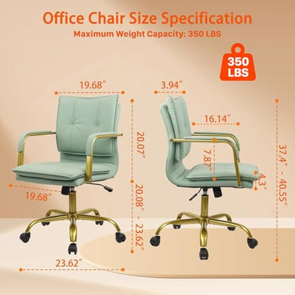 CLATINA Leather Home Office Desk Chairs, Swivel Mid-Back Computer Chair with Golden Legs and Arms, Comfy Upholstered Task Chair with Wheels, Green - color: Green