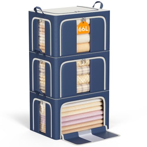 3 Openings Clothes Storage Bins with Metal Frame，66L (navy blue) | Oxford-Gewebe - color: Navy Blue, size: 66L（19.7“X15.7"X13"）